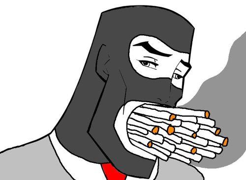 A cartoon man in a balaclava with a large fistful of lit cigarettes in his mouth.